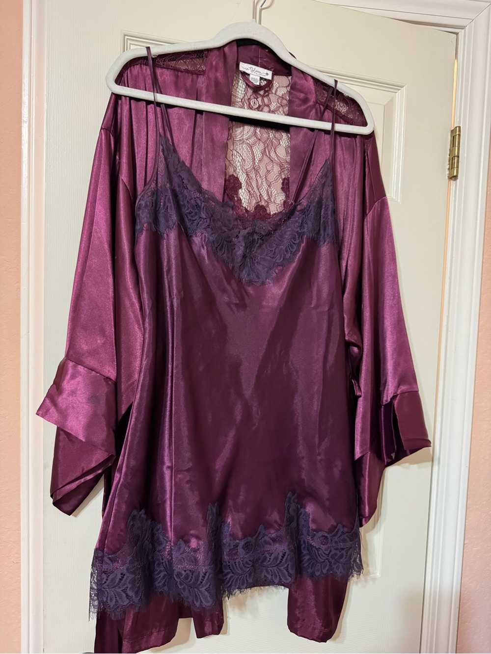 In Bloom by Jonquil Burgundy Satin & Lace Robe + Chemise Set